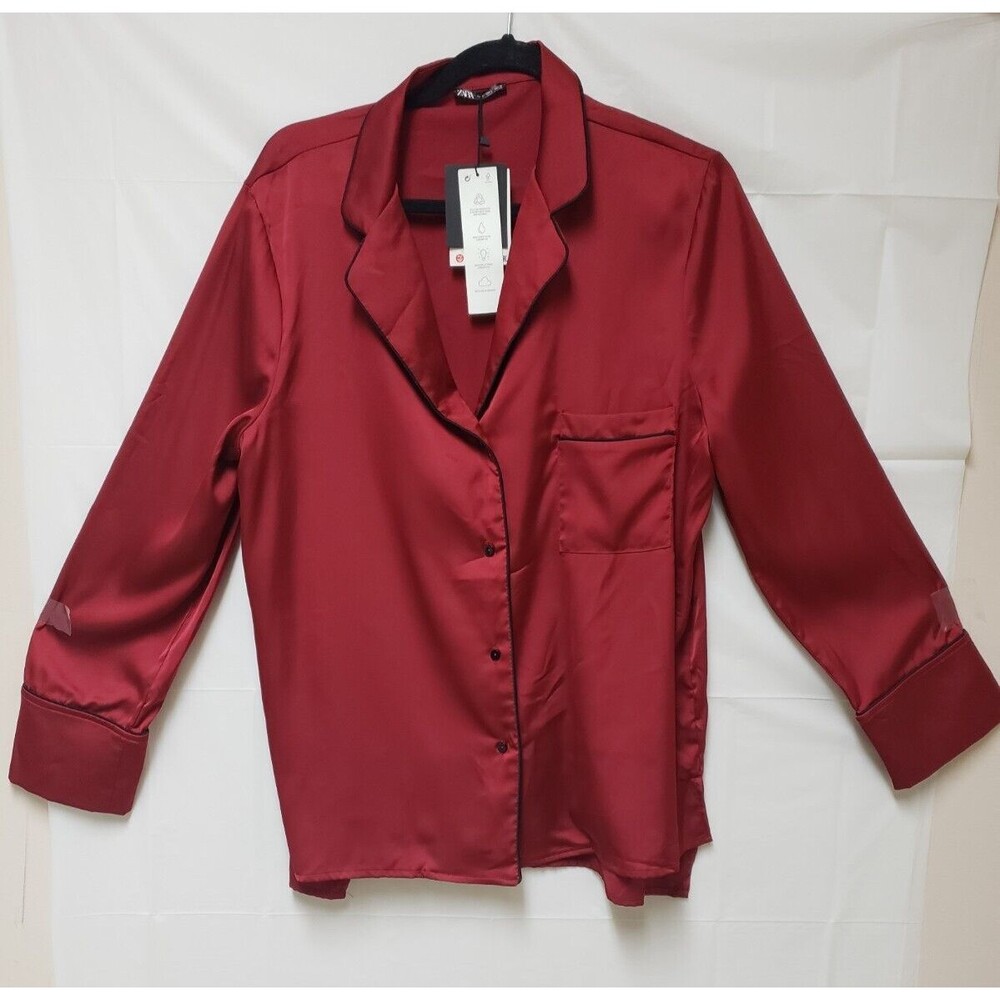 Zara Women’s Red Long Sleeve Pajama Top Black Trim & Buttons Soft Sz L NWT